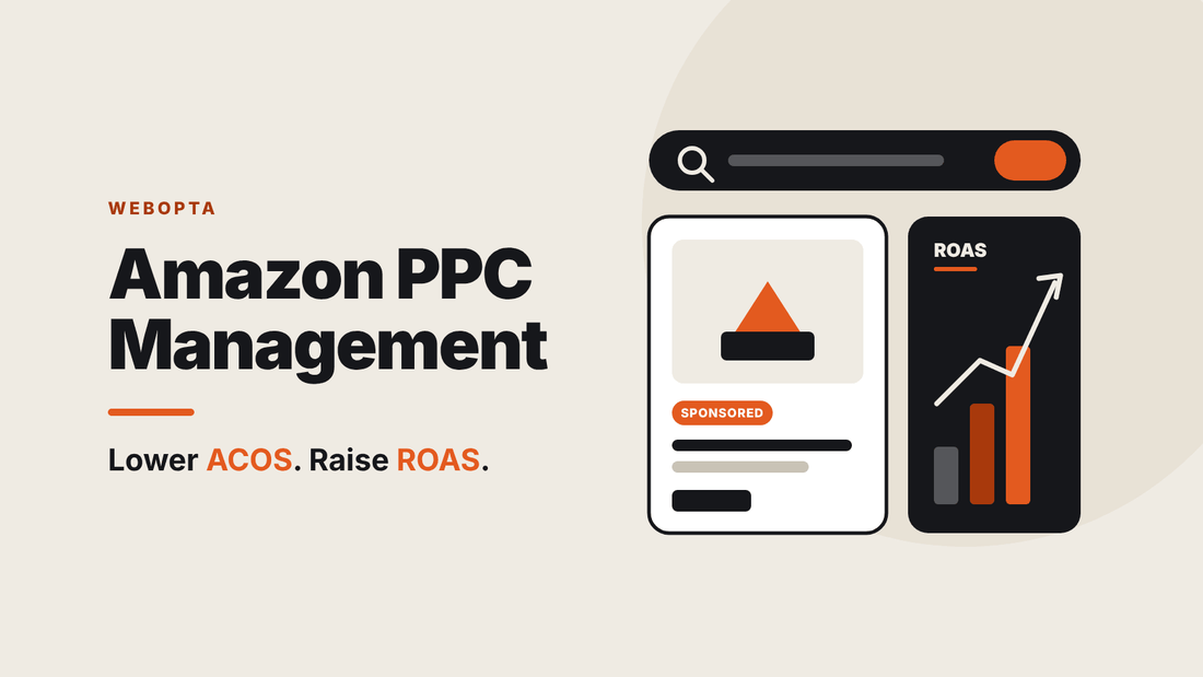 Amazon PPC Management by Webopta with a sponsored product listing and a rising ROAS chart