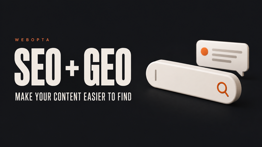 SEO and GEO for Shopify with a simple search and answer illustration in Webopta colors