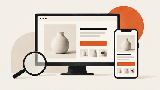 Desktop and mobile product pages with an orange action button and magnifying glass in Webopta colors
