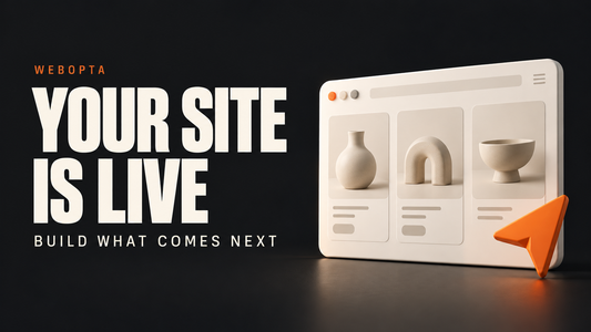 Your site is live with a simple storefront and launch arrow in Webopta colors