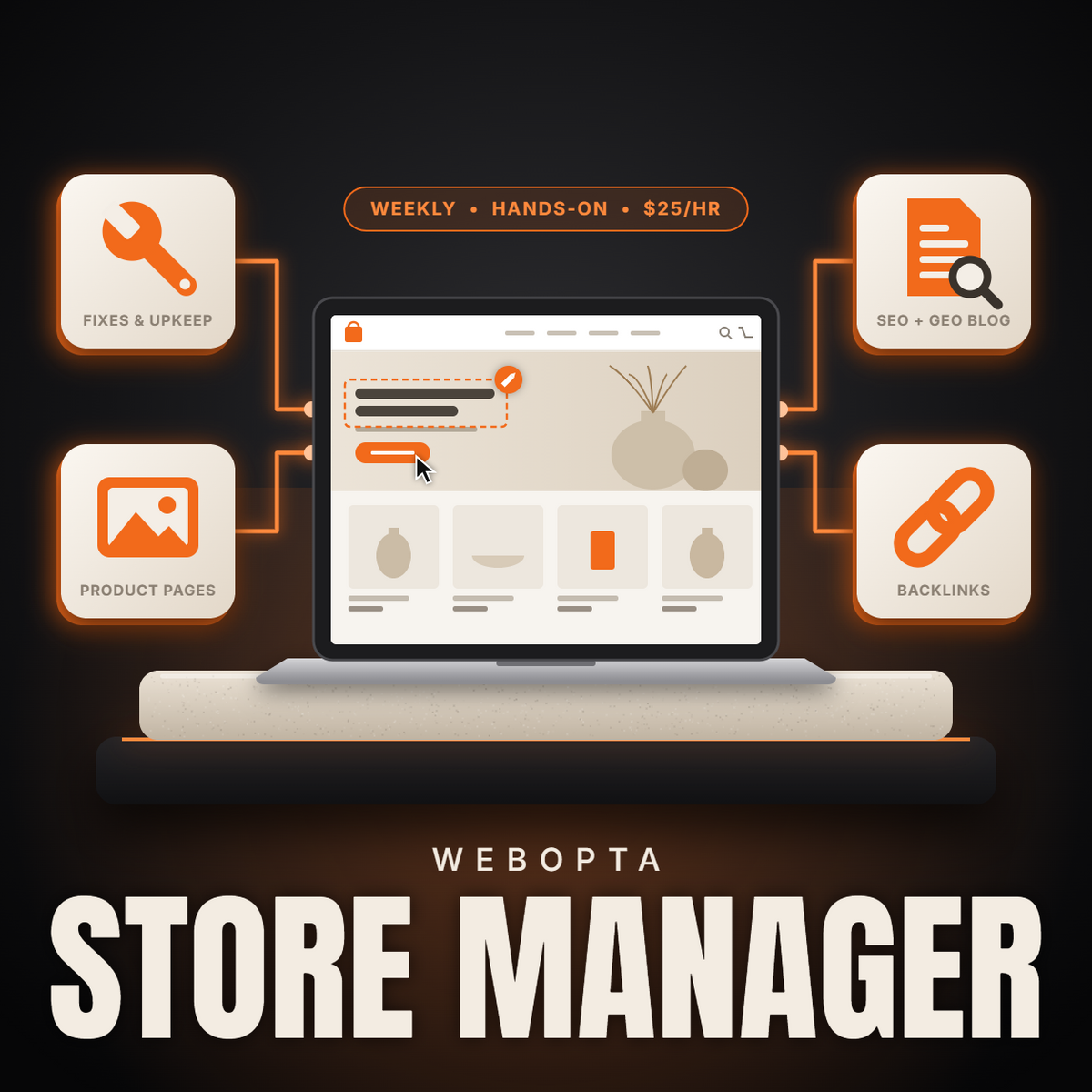 Webopta Shopify Store Manager monthly service – store fixes, product pages, SEO and GEO blog content, and backlinks
